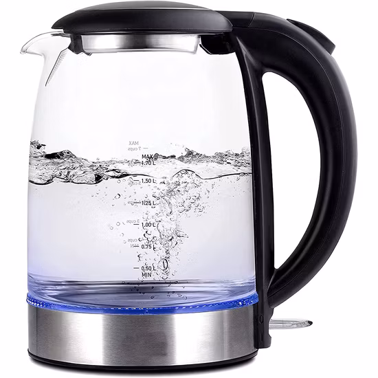 Venta caliente Hervidor eléctrico de vidrio con calentador de agua de banda de luz azul